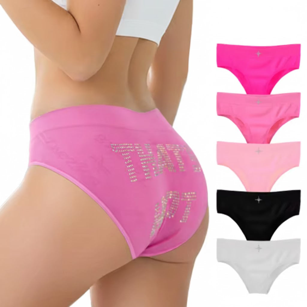 Pink underwear with rhinestone text and a set of five pairs in different colors on a white background.