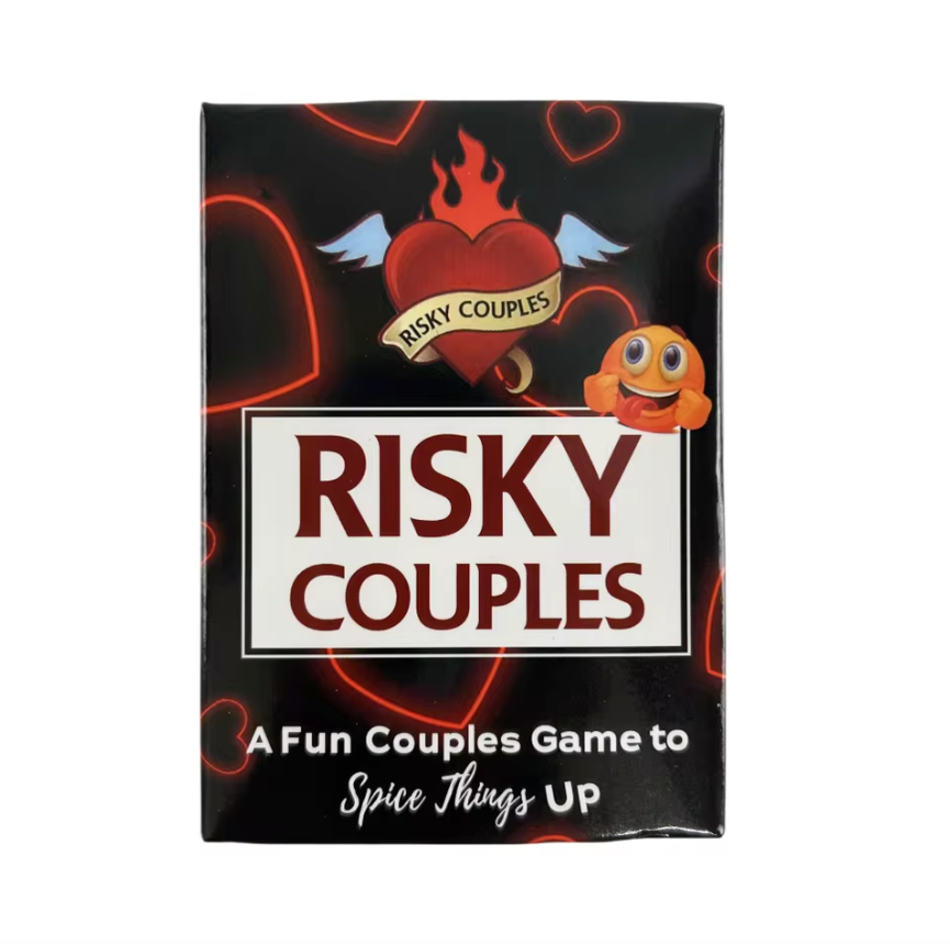 Risky Couples game box with heart and flame design on a black background