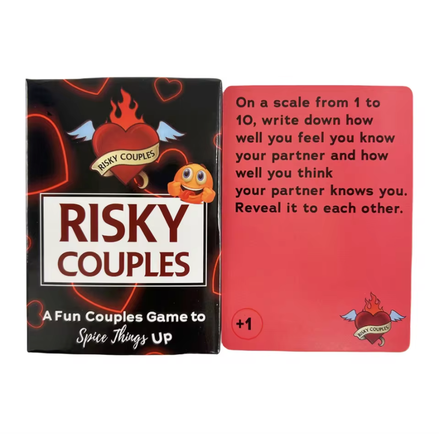 Risky Couples game box with a red card featuring text and branding.