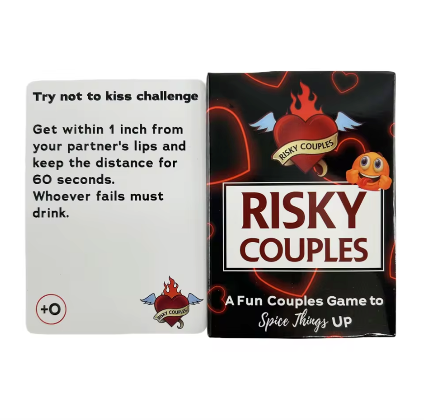 Risky Couples game box and card with text on a white background