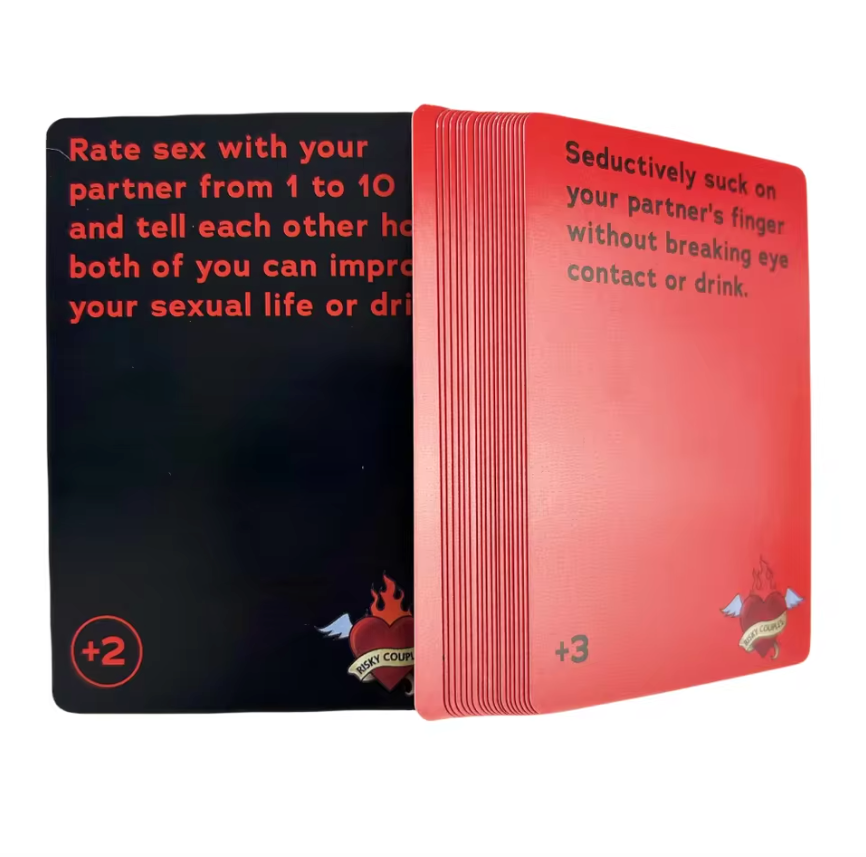 Two playing cards, one black and one red, with text on a white background.