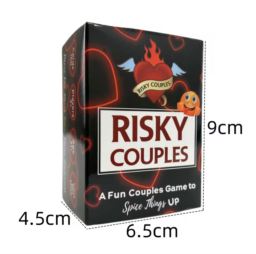 Box of 'Risky Couples' game with dimensions labeled