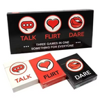 Three card games labeled 'Talk', 'Flirt', and 'Dare' with icons and text on a white background.