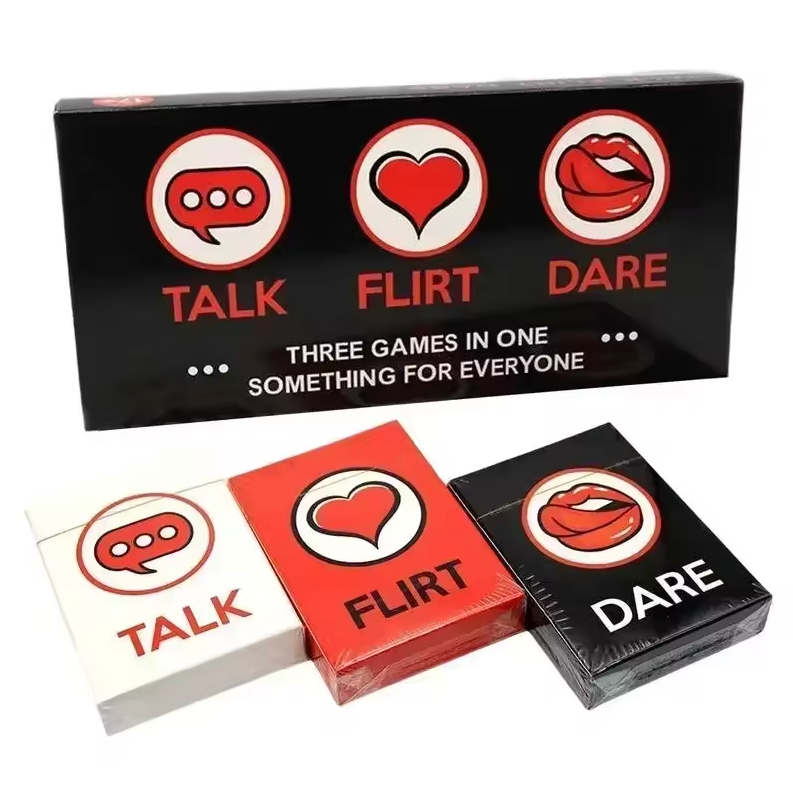 Three card games labeled 'Talk', 'Flirt', and 'Dare' with icons and text on a white background.