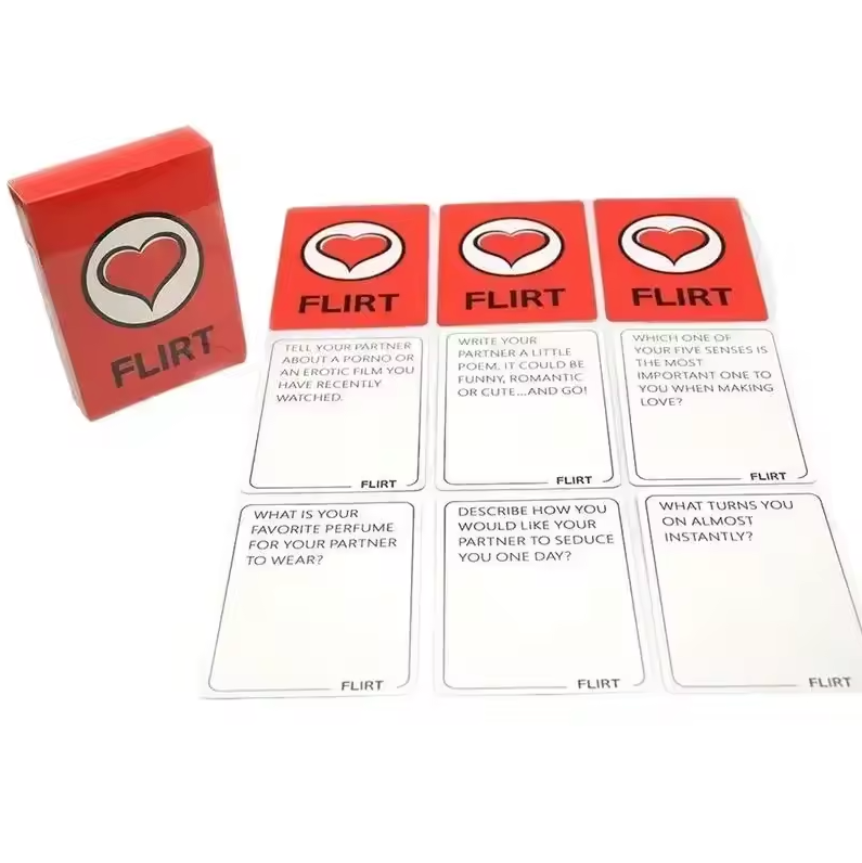 Card game set with red cards featuring heart symbols and white text on a white background