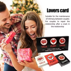 Couple opening a gift with 'Lovers Card' game box and cards in the foreground.