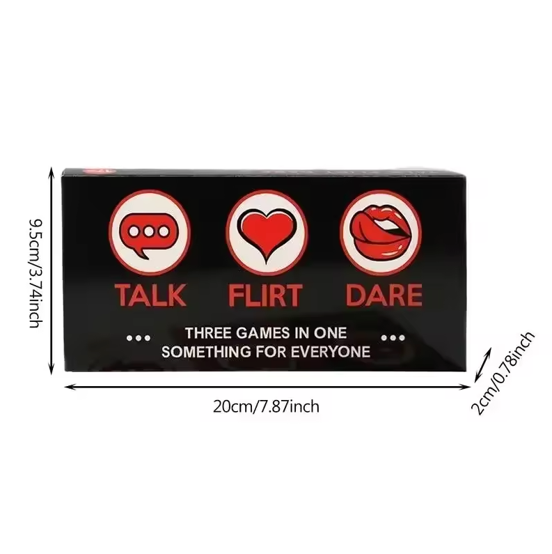 Box with 'Talk', 'Flirt', and 'Dare' icons and dimensions on a white background