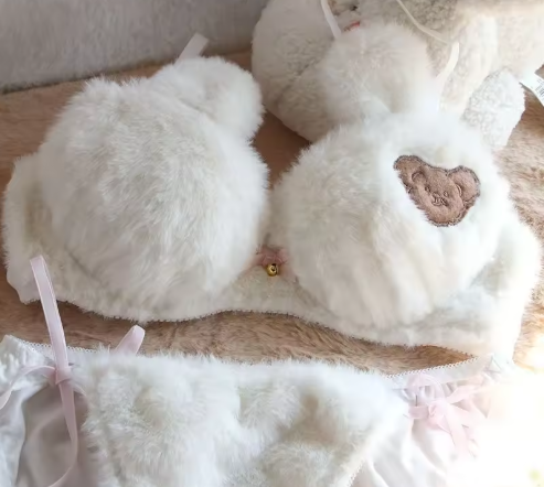 Cute Plush Bear Cub Bra Set - Thickened Winter Underwear for Small Chest - Wireless Gathering Bra & Panty Set