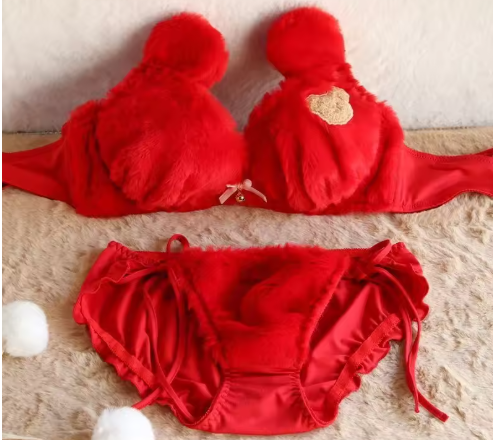 Cute Plush Bear Cub Bra Set - Thickened Winter Underwear for Small Chest - Wireless Gathering Bra & Panty Set