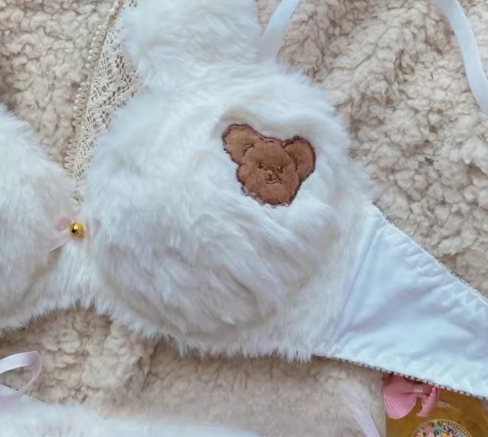 Cute Plush Bear Cub Bra Set - Thickened Winter Underwear for Small Chest - Wireless Gathering Bra & Panty Set