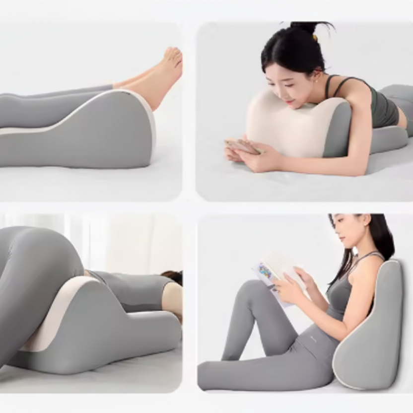 Collage of a person using a gray leg support pillow in various positions.