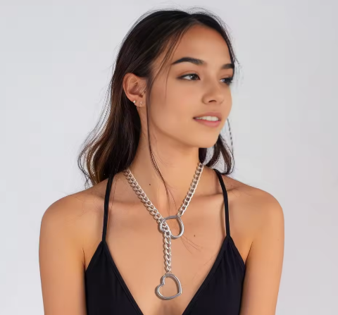 Heart Slider Link Chain Necklace for Women - Adjustable Punk Rock Choker - Goth Aesthetics & Y2K Grunge Jewelry