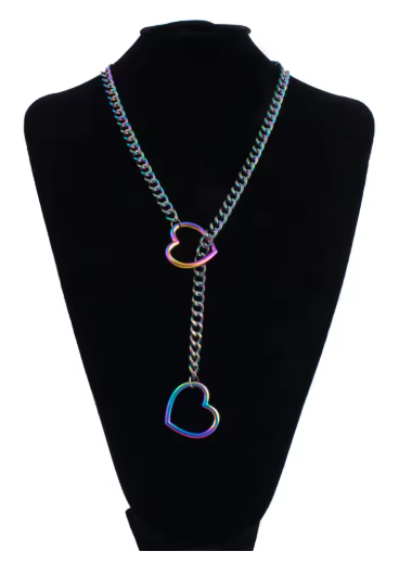 Heart Slider Link Chain Necklace for Women - Adjustable Punk Rock Choker - Goth Aesthetics & Y2K Grunge Jewelry