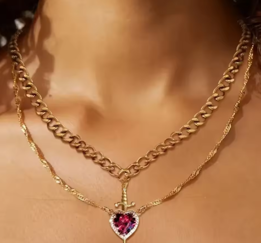 Heart and Sword Couple’s Necklace & Jewelry Set - Zircon Crystal Ring, Bracelet, & Necklace Romantic Gift Set