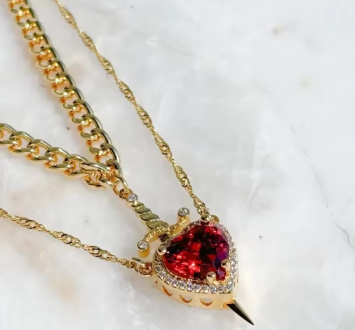 Heart and Sword Couple’s Necklace & Jewelry Set - Zircon Crystal Ring, Bracelet, & Necklace Romantic Gift Set