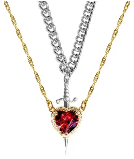 Heart and Sword Couple’s Necklace & Jewelry Set - Zircon Crystal Ring, Bracelet, & Necklace Romantic Gift Set
