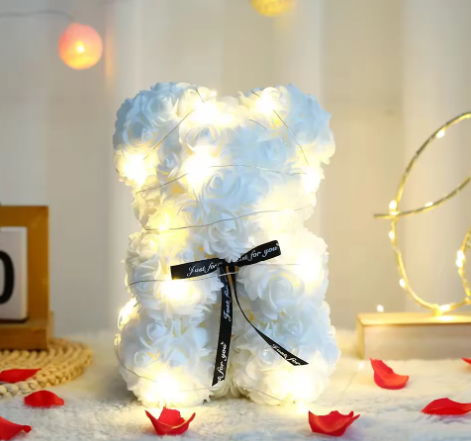 Luxury 25cm Artificial Rose Teddy Bear with Clear Gift Box | Romantic Handmade Flower Bear for Valentine’s Day, Anniversary, Birthday & Wedding Decor