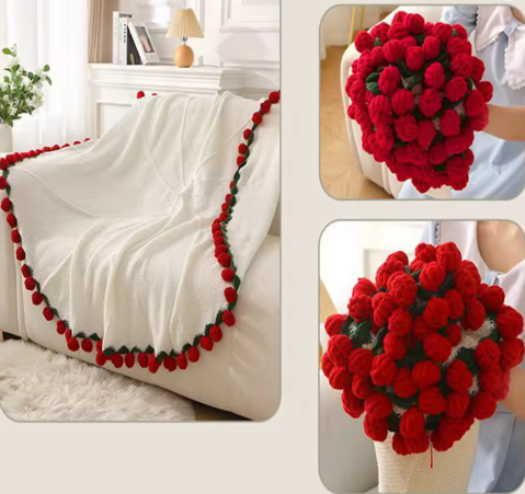 Handmade Crochet Rose Flower Bouquet Blanket – Finished Woven Floral Throw for Wedding, Valentine’s, & Anniversary Gifts