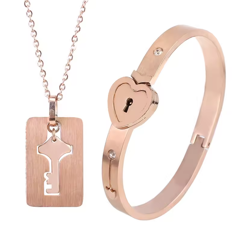 Locked Heart Bracelet and Key Necklace Set for Couples