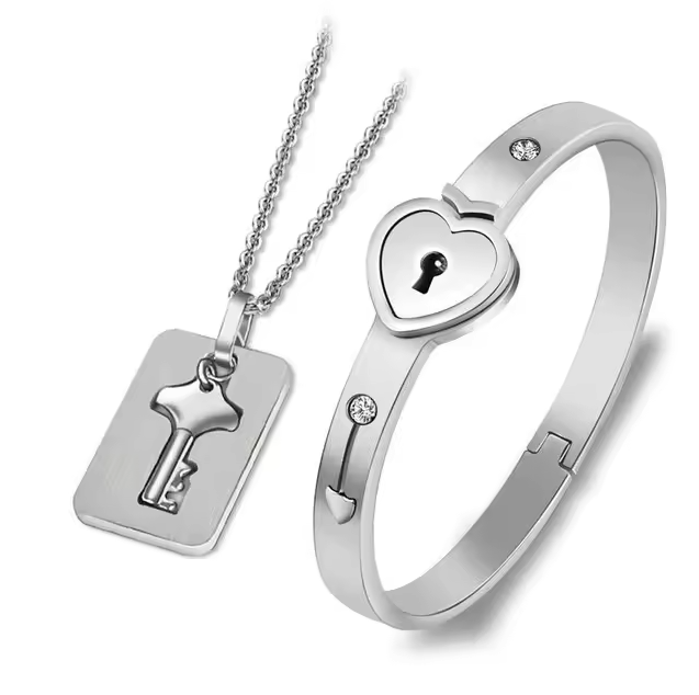 Locked Heart Bracelet and Key Necklace Set for Couples
