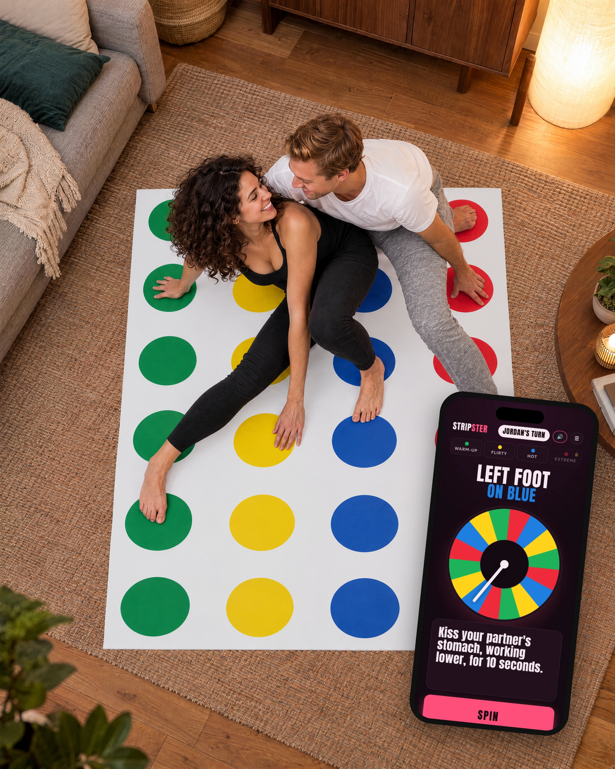 Couple playing Stripster on the mat with the app on a phone