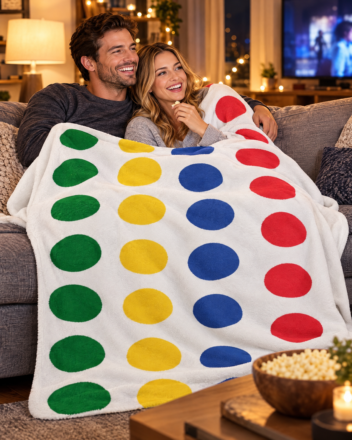 Couple laughing under the Stripster blanket on movie night